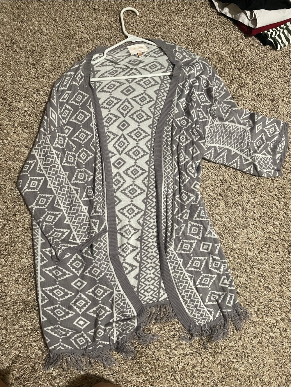 Skies Are Blue Gray and White Aztec Fringe Cardigan